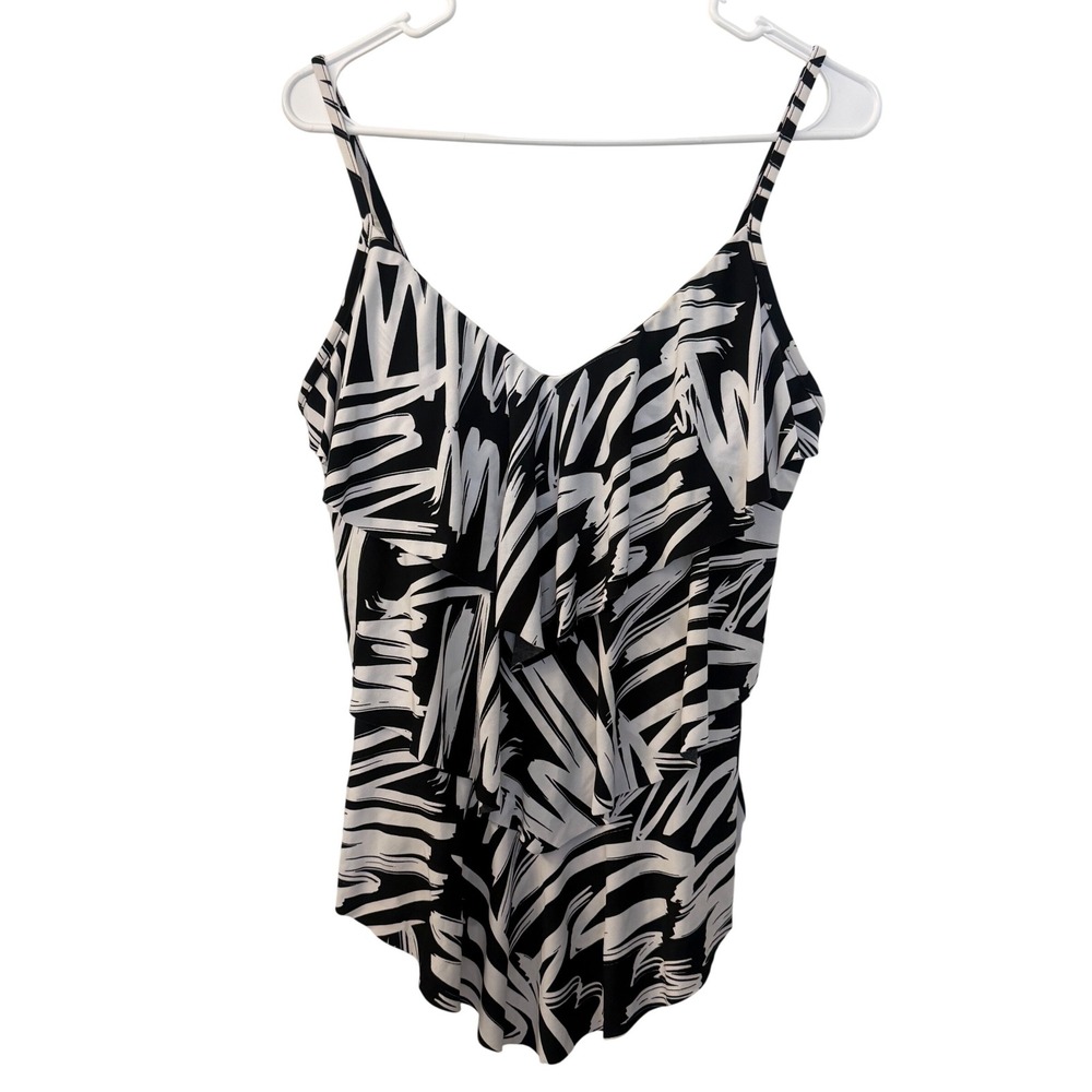 Magicsuit By Miraclesuit Black White Abstract Ruffle Tankini Top Size 10 Beach